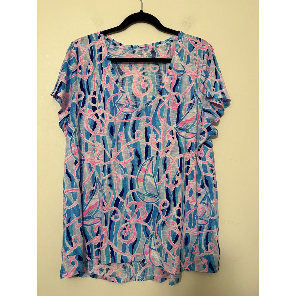 Lilly Pulitzer XXL Etta Let's get Nauti  Pink Blue Cotton Slub Tee